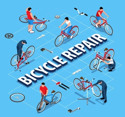 Bicycle repair flowchart with handicraftsmen repairing bikes using stand holder isometric vector illustration