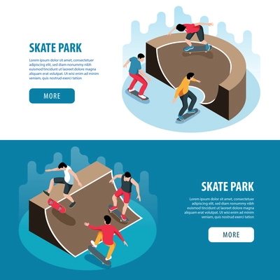 Skate park horizontal banners with guys on skateboards performing jumping stunts using ramps isometric vector illustration