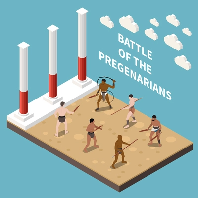 Roman gladiators isometric background demonstrated battle of pregenarians with wooden weapon vector illustration