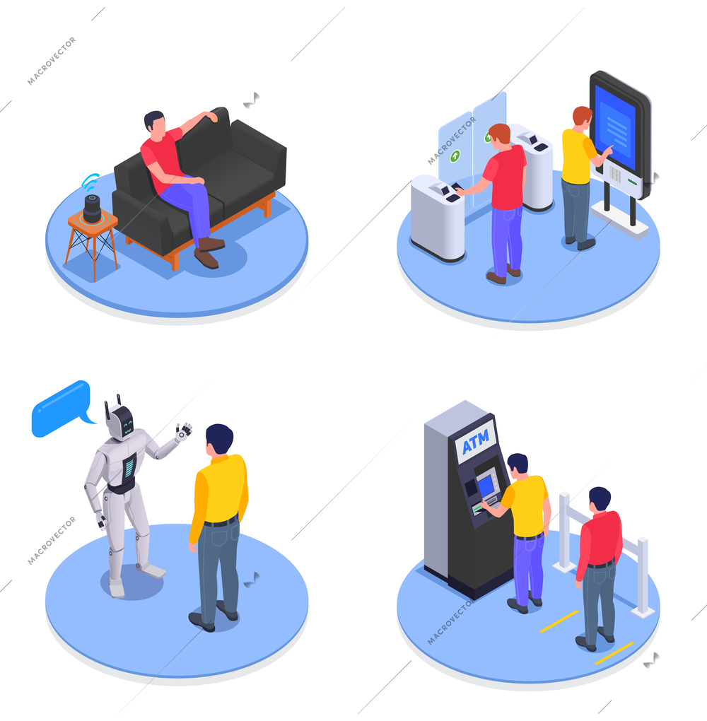 People using interfaces isometric icon set virtual voice assistant in the house talking to robot buying ticket at the terminal withdrawing money from ATM vector illustration