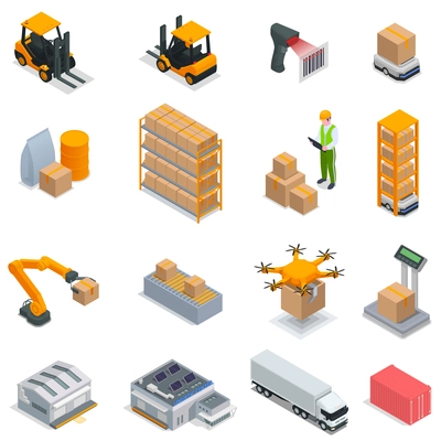 Modern warehouse isometric icon set freight trucks box rack scanners working drones freight scales vector illustration