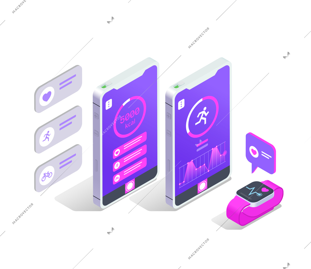 Online fitness workout yoga at home isometric colored concept smartphone app for synchronizing and transferring data from smart watch vector illustration