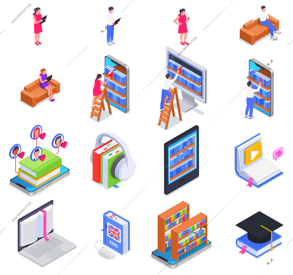 Digital online library isometric icon set men and women read books on tablets smartphones look for books on electronic shelf listen to audiobooks vector illustration