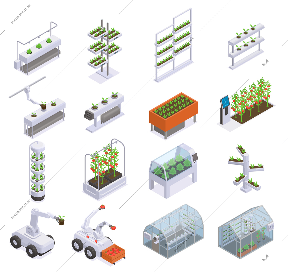 Modern greenhouse isometric colored icon set robots and smart equipment for automated plant work vector illustration