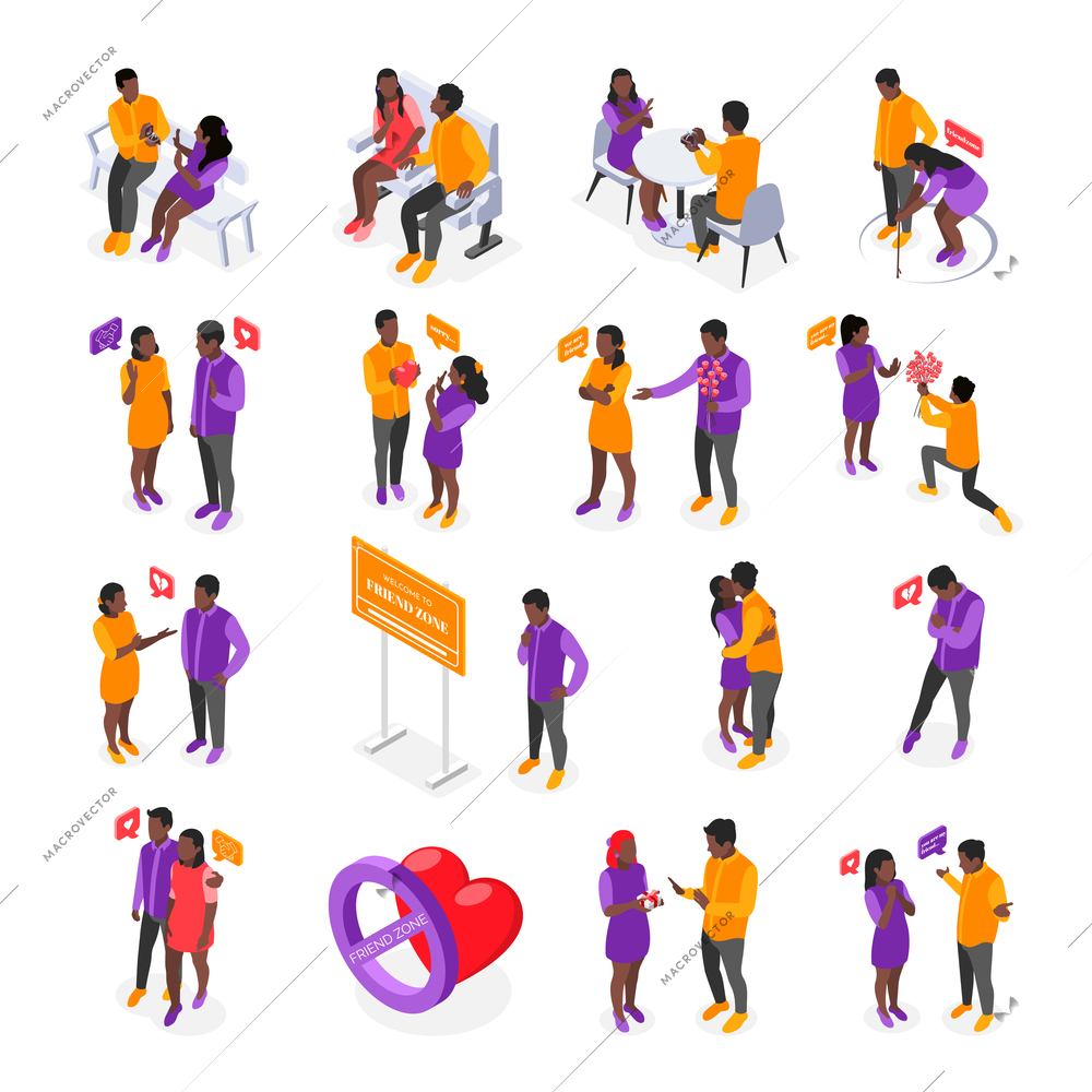 Set of isolated friendzone isometric recolor icons with human characters of rejected lovers and heart bubble vector illustration