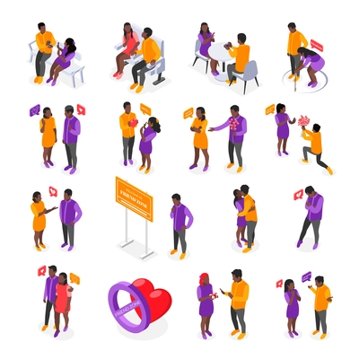 Set of isolated friendzone isometric recolor icons with human characters of rejected lovers and heart bubble vector illustration