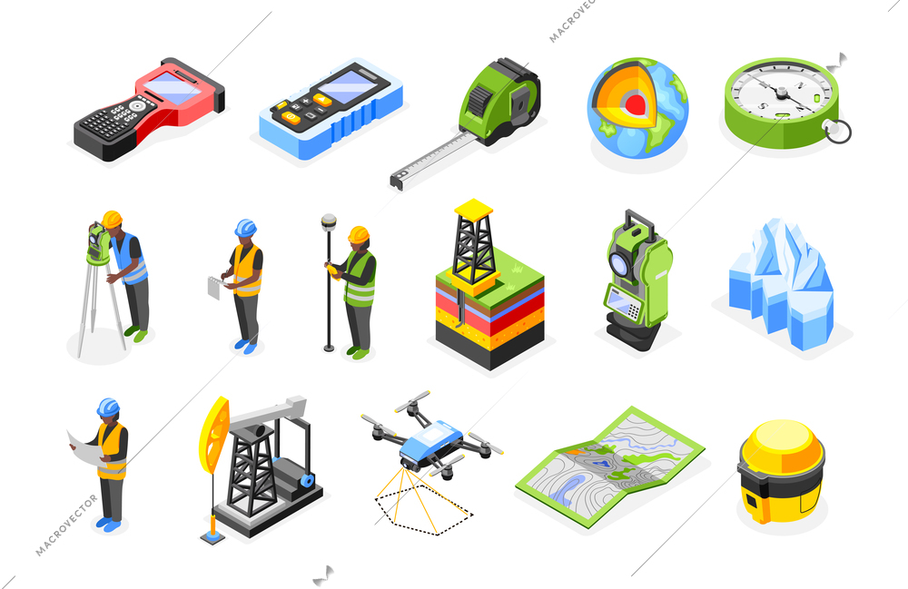 Geodesy isometric recolor set of isolated icons with characters of engineers maps quadcopter and measuring tools vector illustration