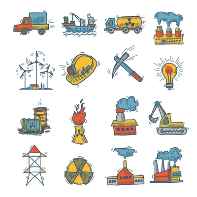 Industrial decorative colored sketch icon set with power plant and factories isolated vector illustration