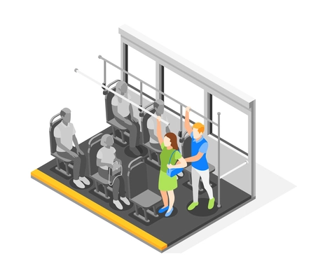 Public transport problems isometric composition with view of public bus seats with male character touching woman vector illustration