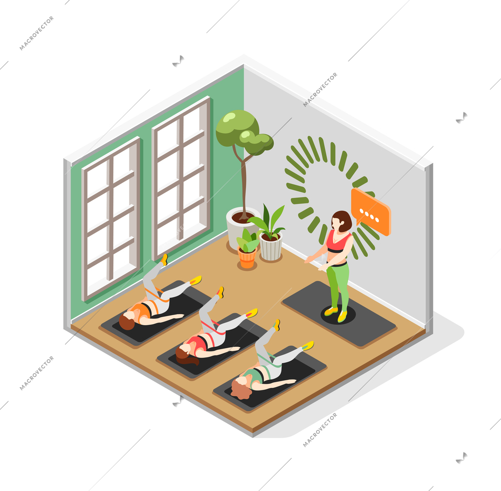 Resistance band exercises isometric composition with indoor view of gym with practicing women rope stretching legs vector illustration