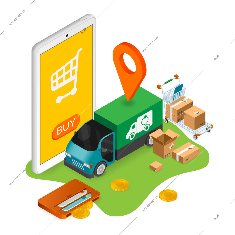 E-commerce mobile shopping isometric composition with image of truck location sign parcel boxes and smartphone vector illustration