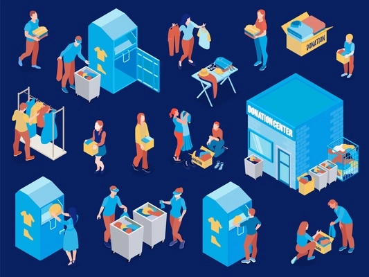 Men and women making clothes donations collecting and recycling old clothing isometric icons set isolated on dark blue background vector illustration