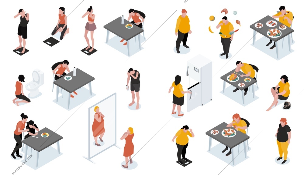 Isometric set with people suffering from gluttony bulimia keeping diet feeling bad 3d isolated vector illustration