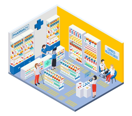 Modern pharmacy interior with showcases tactile paving for blind and express health check isometric vector illustration