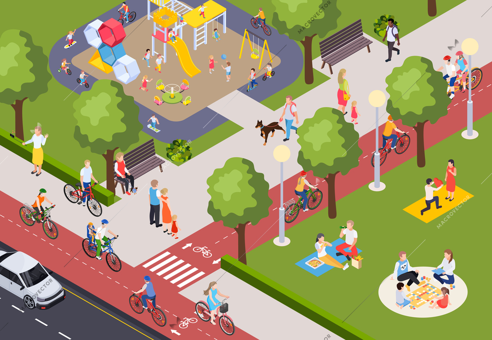 People doing various activities in city park cycling walking children playing on playground 3d isometric vector illustration
