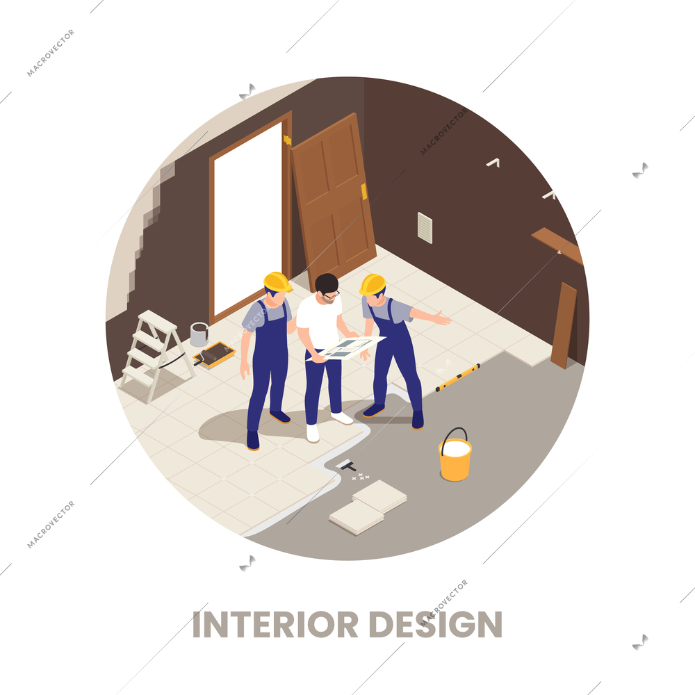 Professional designer solutions for creating comfortable interiors in collaboration with construction workers supervisor isometric circular vector illustration