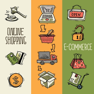 E-commerce online shopping banner sketch set with open sign box coin isolated vector illustration