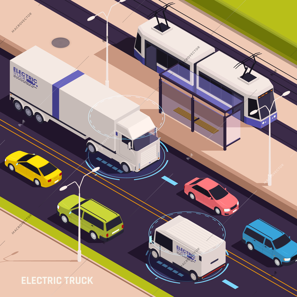Modern 3d vision electric trucks delivery vans driving on city roads charging wirelessly isometric vector illustration