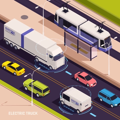 Modern 3d vision electric trucks delivery vans driving on city roads charging wirelessly isometric vector illustration