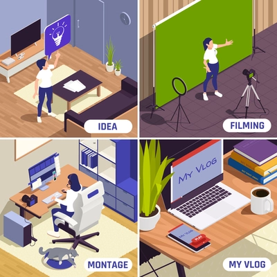 Bloggers making professional looking videos presentations 4 isometric compositions with inspiration filming editing montage posting vector illustration