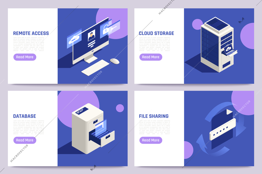 Cloud remote access secure data storage exchange database file sharing platform 4 isometric webpages set vector illustration