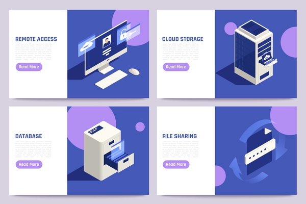 Cloud remote access secure data storage exchange database file sharing platform 4 isometric webpages set vector illustration