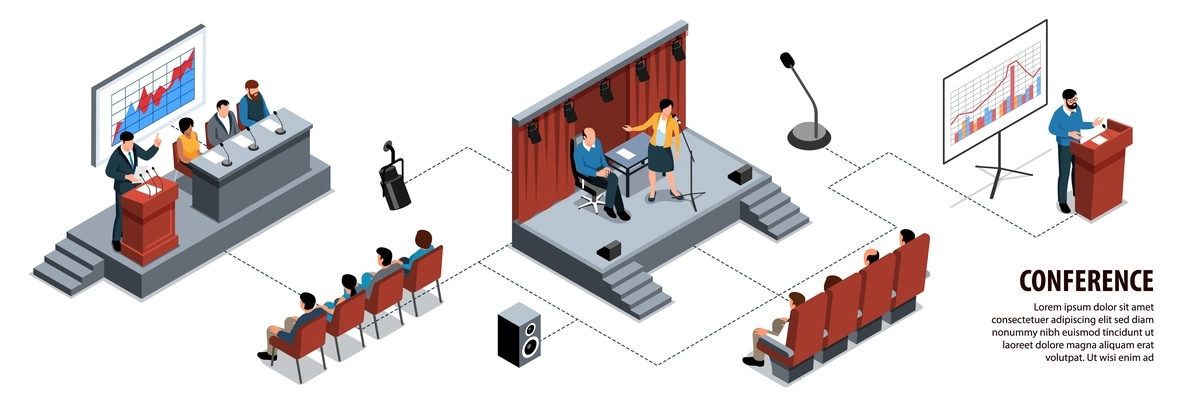 Isometric conference hall infographics with editable text and flowchart of stage images with trubunes and speakers vector illustration
