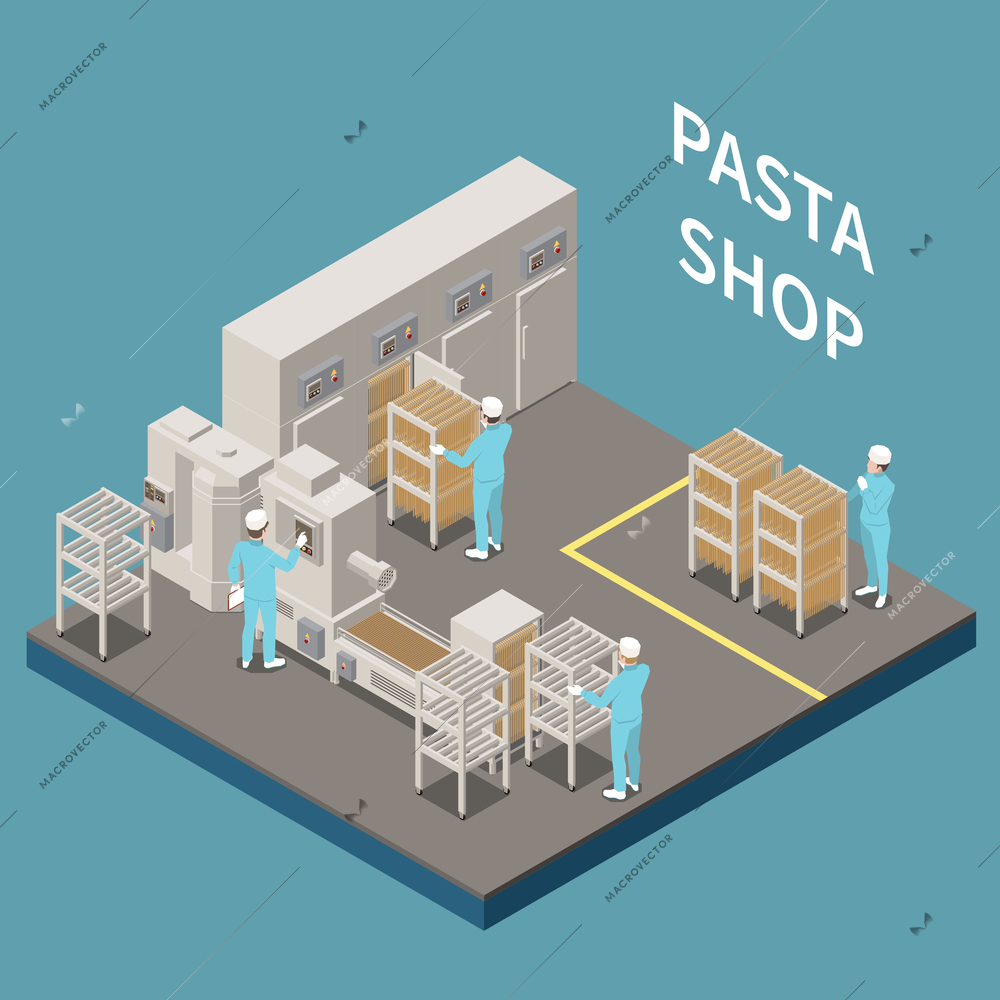 Macaroni pasta production isometric colored concept with pasta conveyor belt and several ovens vector illustration