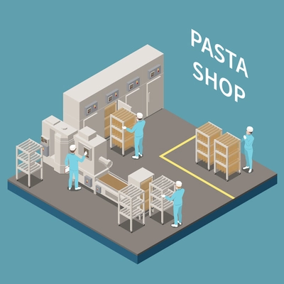 Macaroni pasta production isometric colored concept with pasta conveyor belt and several ovens vector illustration