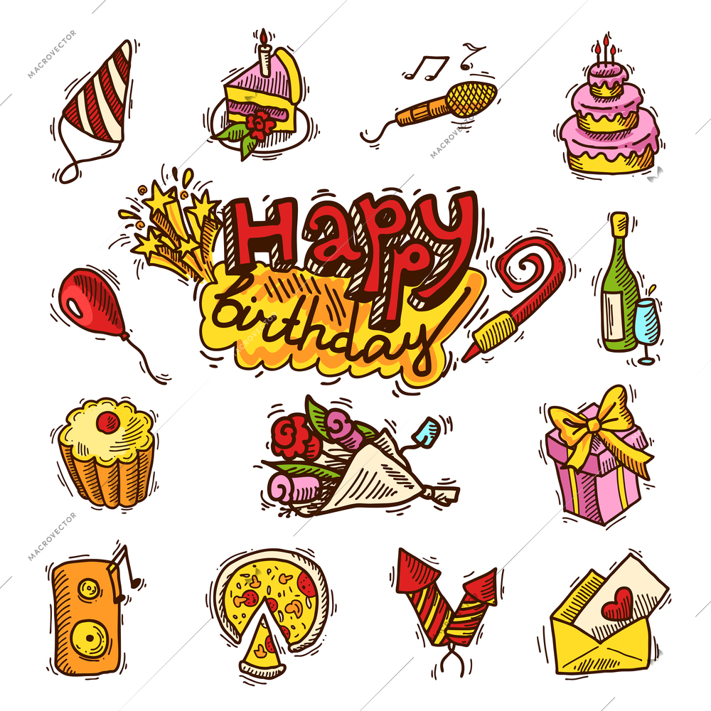 Happy birthday party celebration sketch decorative elements set with cake microphone balloon isolated vector illustration