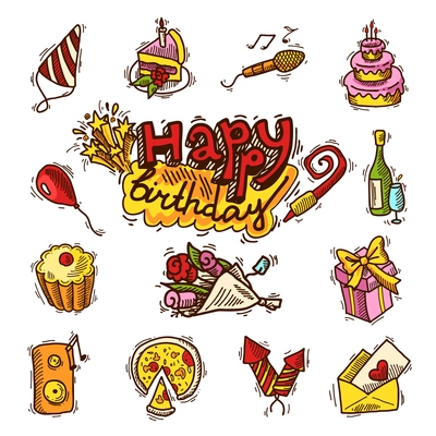 Happy birthday party celebration sketch decorative elements set with cake microphone balloon isolated vector illustration