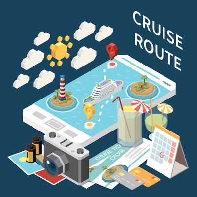 Sea cruise isometric concept with abstract situation map on smartphone and cruise route description vector illustration