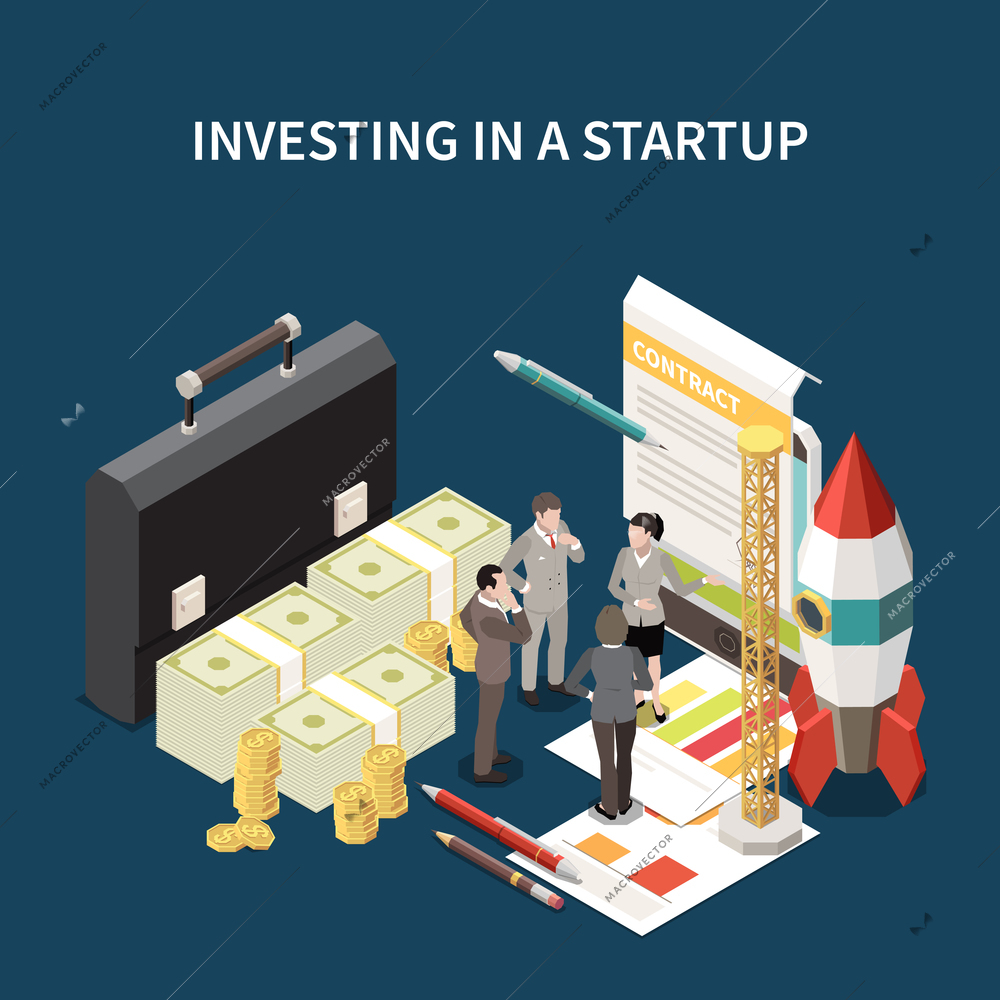 Startup project isometric and colored concept with investing in a startup descriptions vector illustration