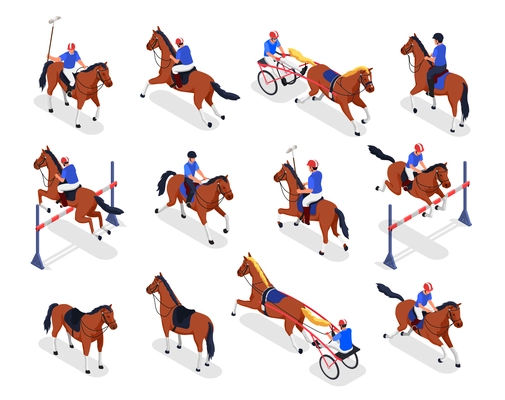 Equestrian sport set with horse racing symbols isometric isolated vector illustration