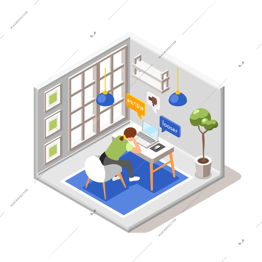 Isometric composition with back view of woman or girl suffering from cyber bullying sitting in front of computer in room 3d vector illustration