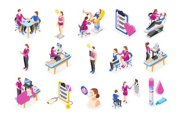 Isometric set of icons with people undergoing medical checkup isolated on white background 3d vector illustration