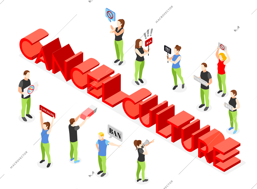 Cancel culture isometric composition with men and women holding eraser placards loudspeaker prohibition sign 3d vector illustration