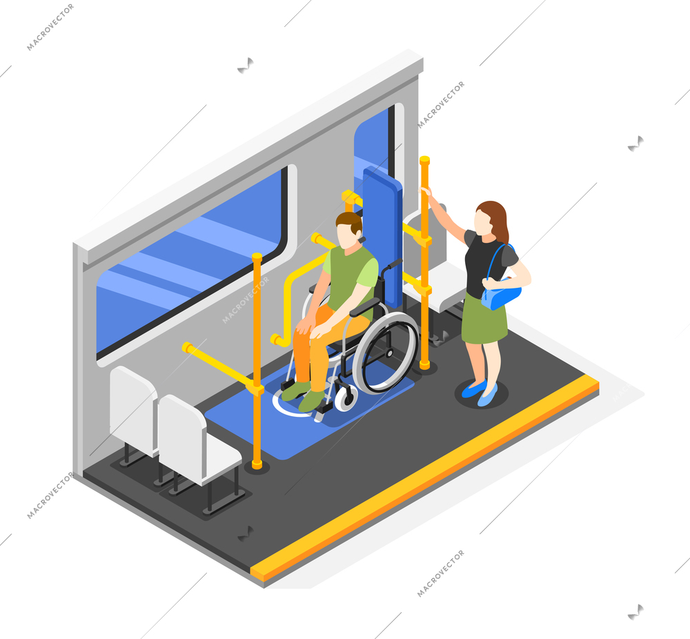 Isometric accessible environment composition with wheelchair user on special designated space in public transport 3d vector illustration