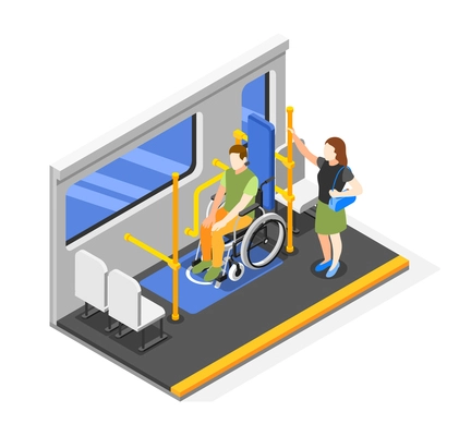 Isometric accessible environment composition with wheelchair user on special designated space in public transport 3d vector illustration