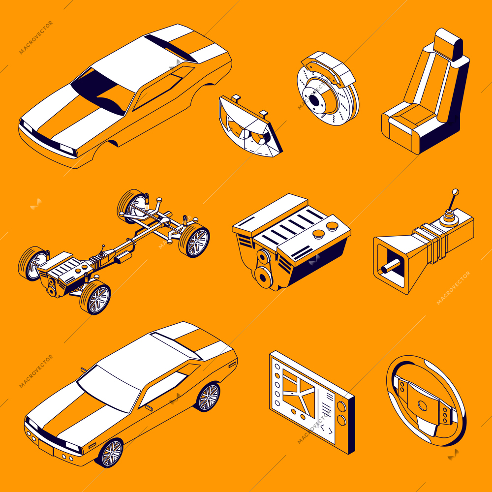 Set of isolated car parts icons with isometric images of steering wheels brakes and driving gear vector illustration