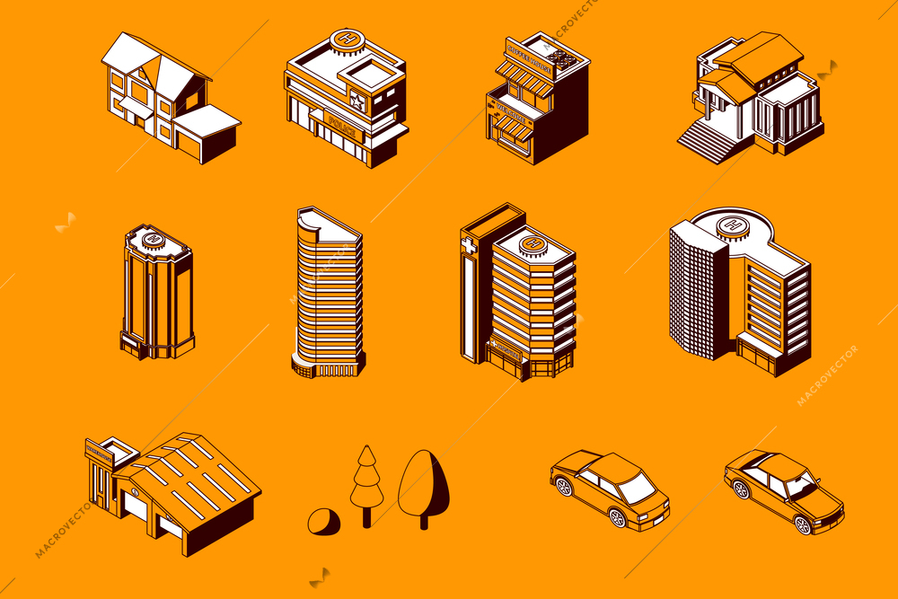 City buildings isometric set with isolated monochrome icons of classic and modern apartment houses with cars vector illustration