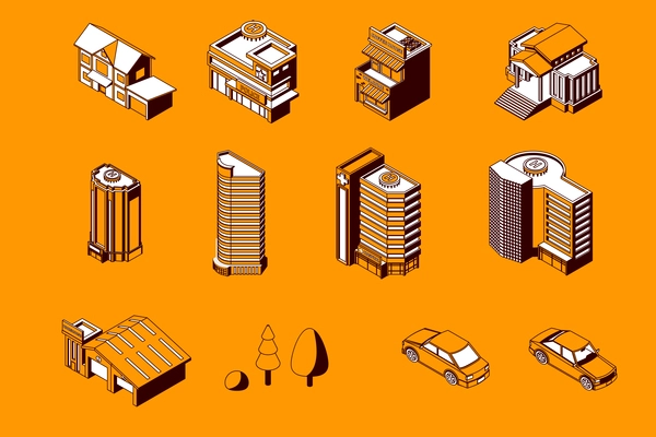 City buildings isometric set with isolated monochrome icons of classic and modern apartment houses with cars vector illustration