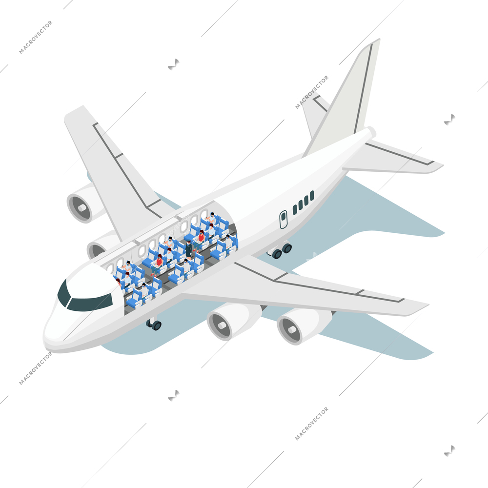 Airplane scheme isometric composition with isolated image of jet wit view of seats and passenger characters vector illustration