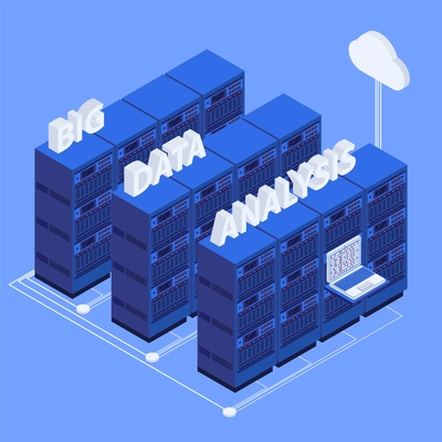 Big data center isometric composition server room data transfer process between server and cloud storage vector illustration