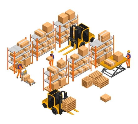 Movers use forklift trucks to move cardboard boxes inside the warehouse vector isometric illustration