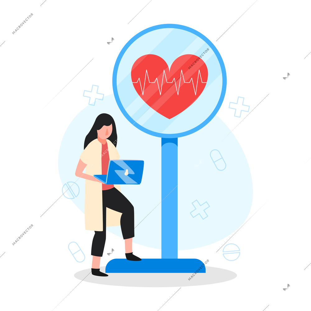 Online doctor medicine composition with character of female doctor with laptop and mirror with heart and cardiogram vector illustration