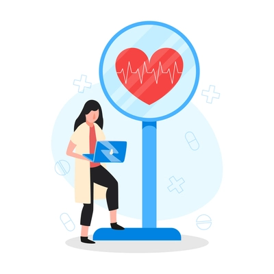 Online doctor medicine composition with character of female doctor with laptop and mirror with heart and cardiogram vector illustration