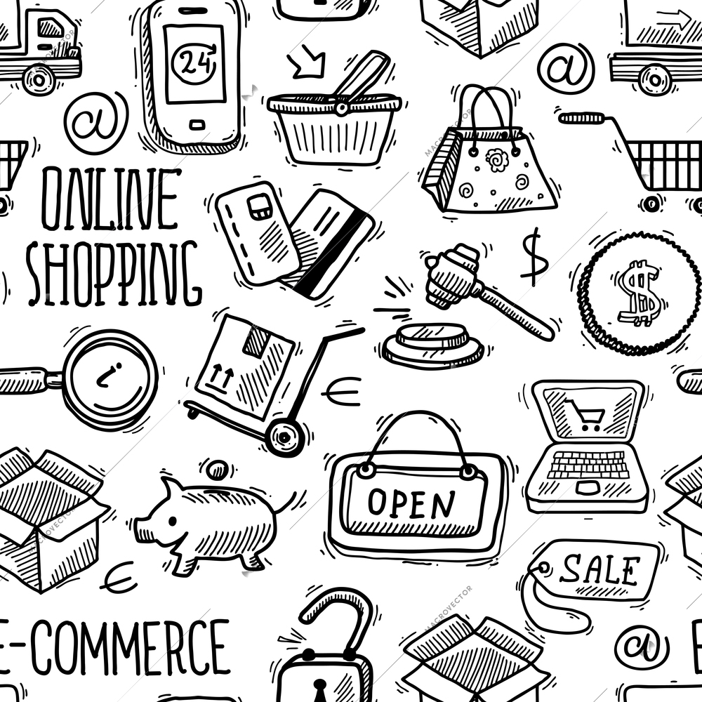 E-commerce online shopping sketch black and white seamless pattern vector illustration