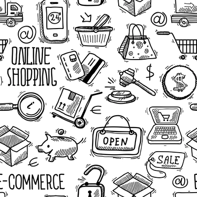 E-commerce online shopping sketch black and white seamless pattern vector illustration