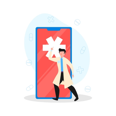 Online doctor medicine composition with character of male doctor with smartphone vector illustration